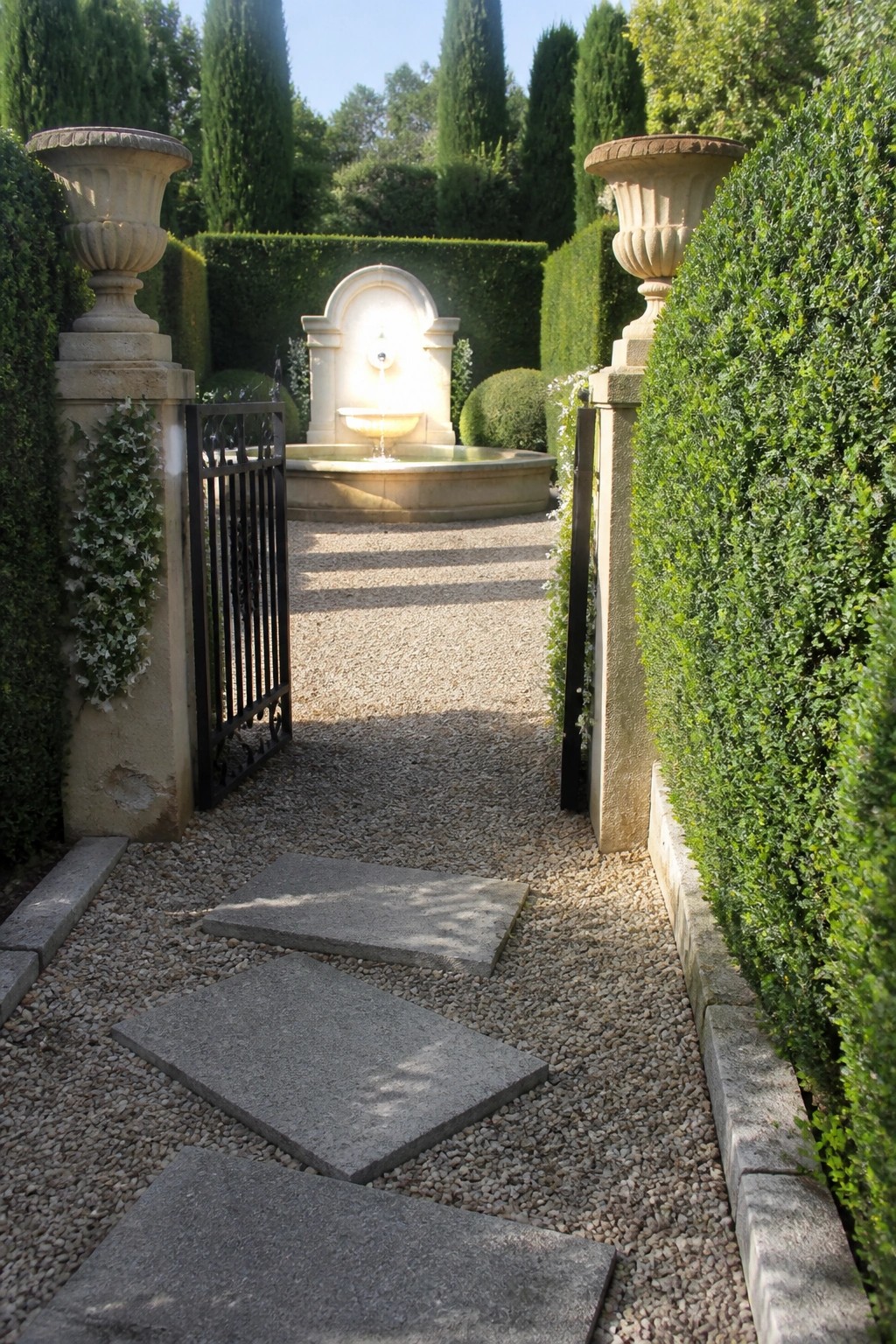 A gravel garden path lined with large gray stepping stones leads through a black metal gate flanked by stone urns toward a circular stone fountain in the background.