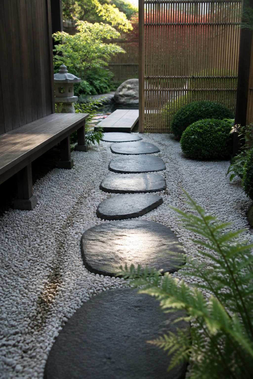 A garden path of large flat dark stepping stones set into white gravel, with a wooden bench on the left side and rounded green shrubs on the right.