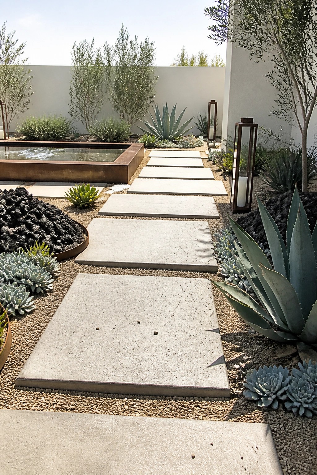 A straight garden path of large rectangular concrete stepping stones set in gravel, lined with agave, succulents, and a rusted water trough.