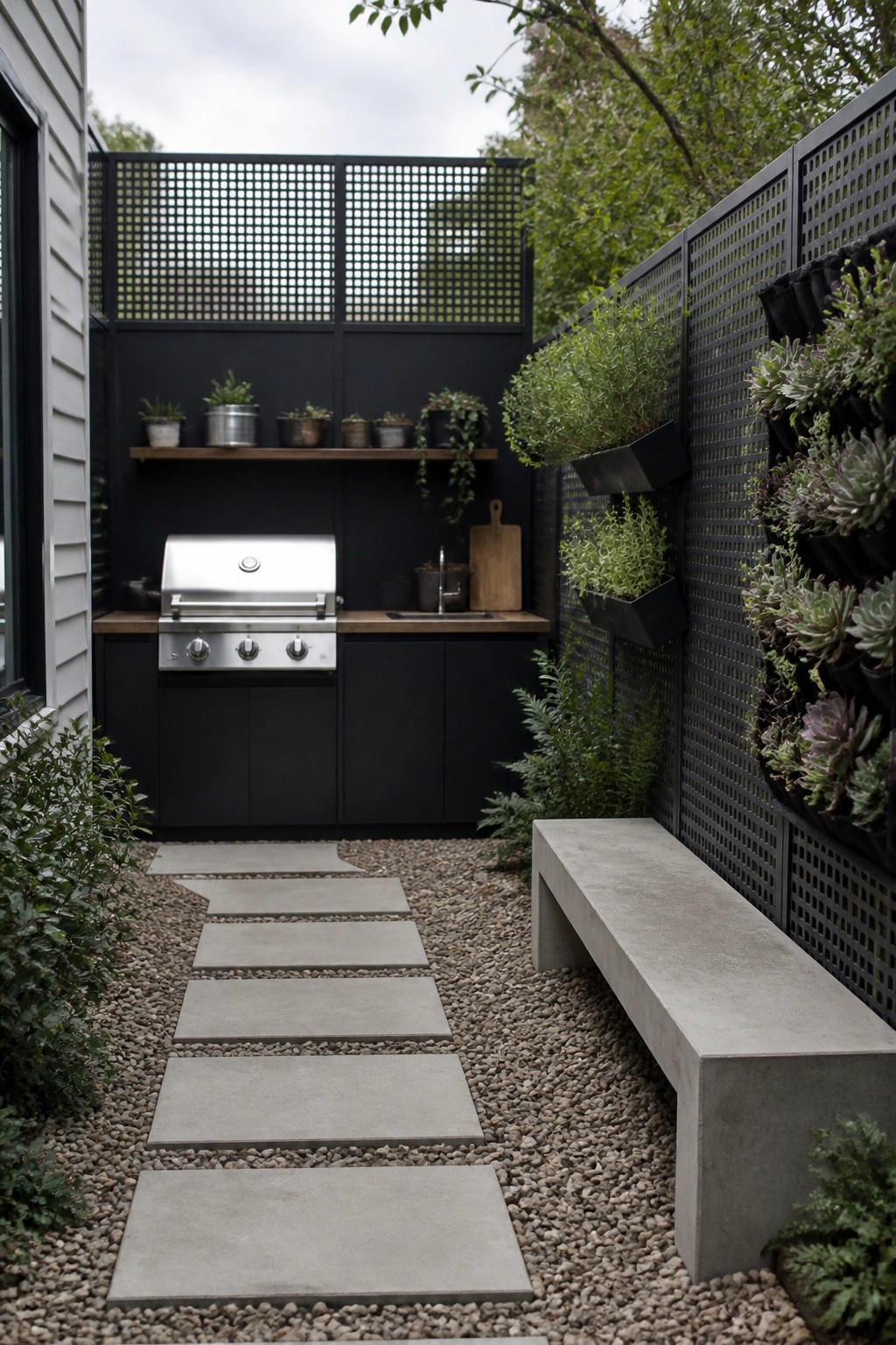 Modern outdoor kitchen with stainless grill, black cabinets, vertical garden, concrete bench, and stepping stones