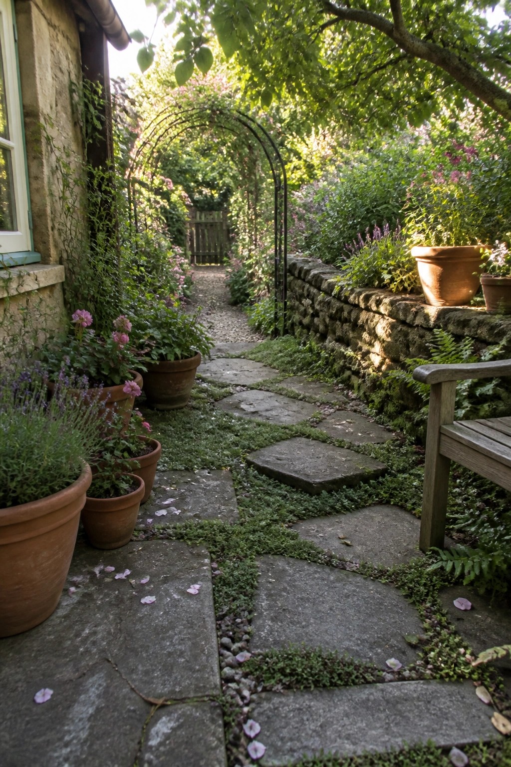 A narrow garden path of large irregular stone slabs set in moss runs beside potted plants and a low stone wall, passing under a metal arch toward a distant gate.
