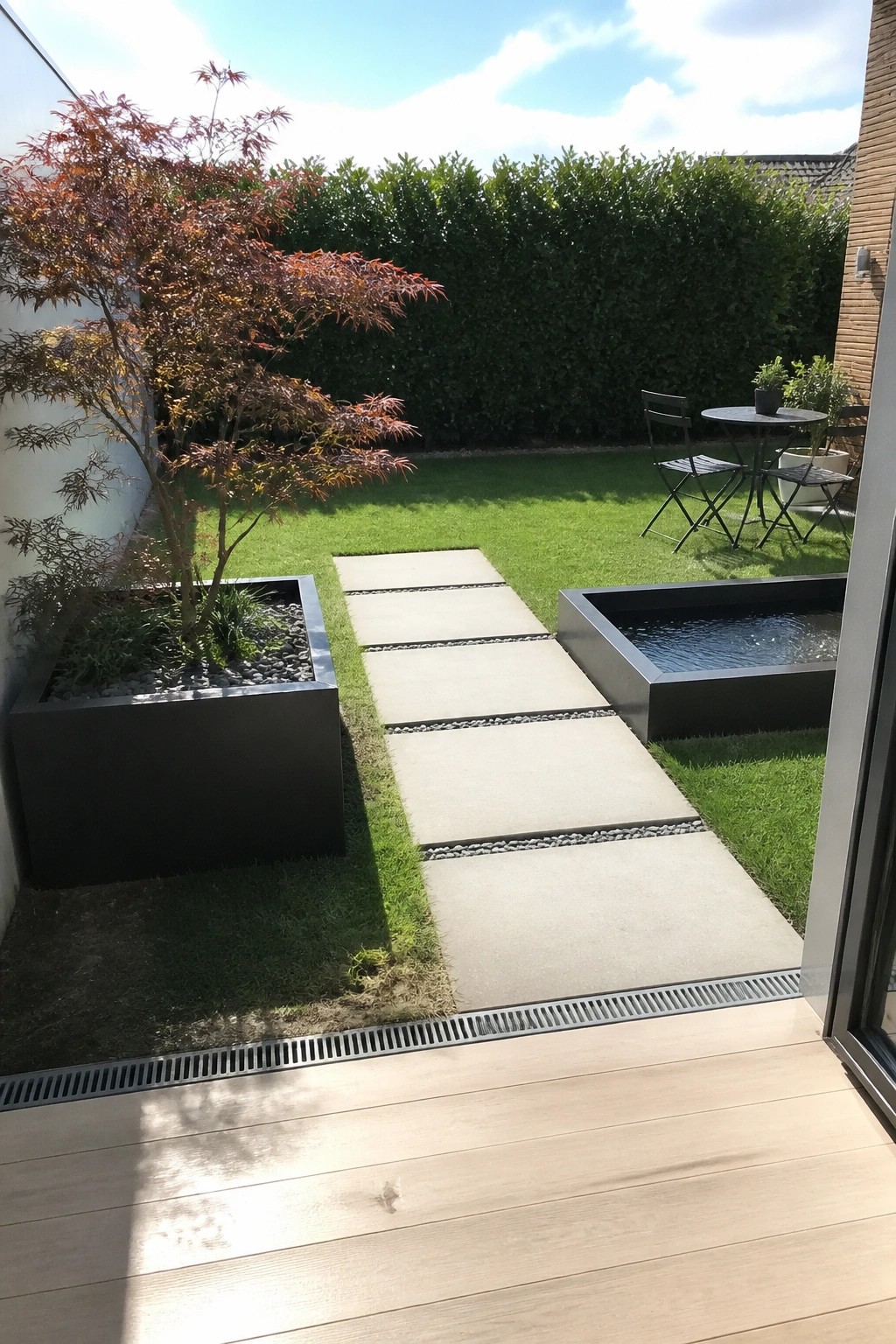 A backyard view showing a path of large rectangular concrete stepping stones with narrow gravel strips between them, bordered by a dark planter on the left and a water feature on the right.