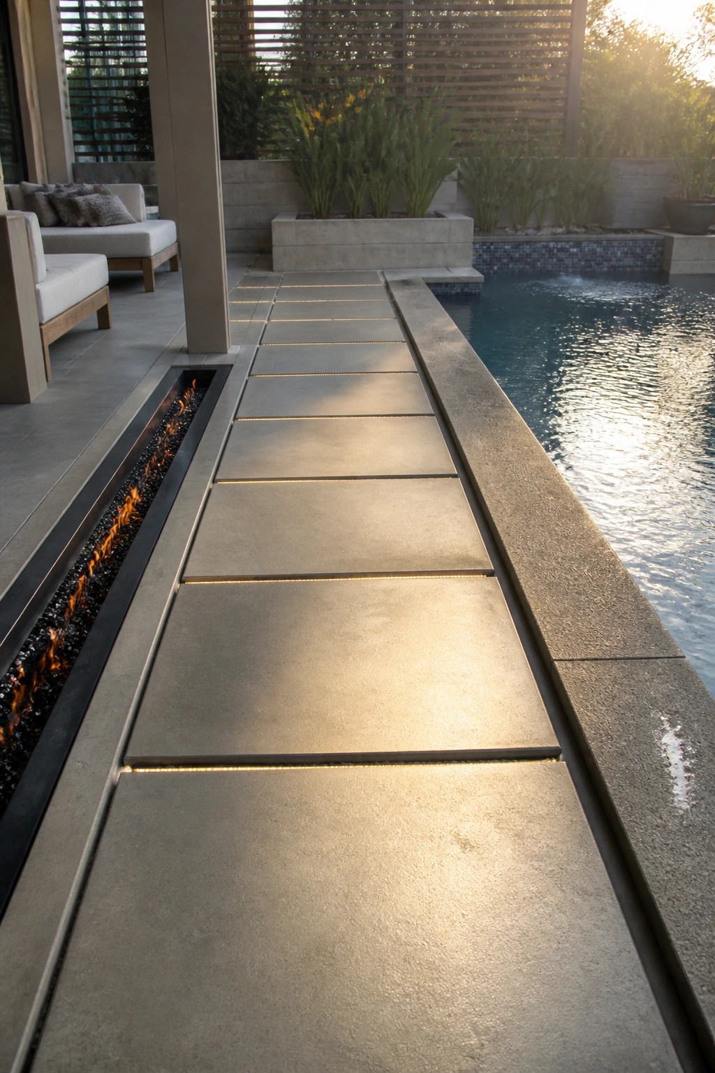 A straight path of large rectangular concrete stepping stones runs beside a swimming pool with a long fire pit on the left and outdoor seating in the background.