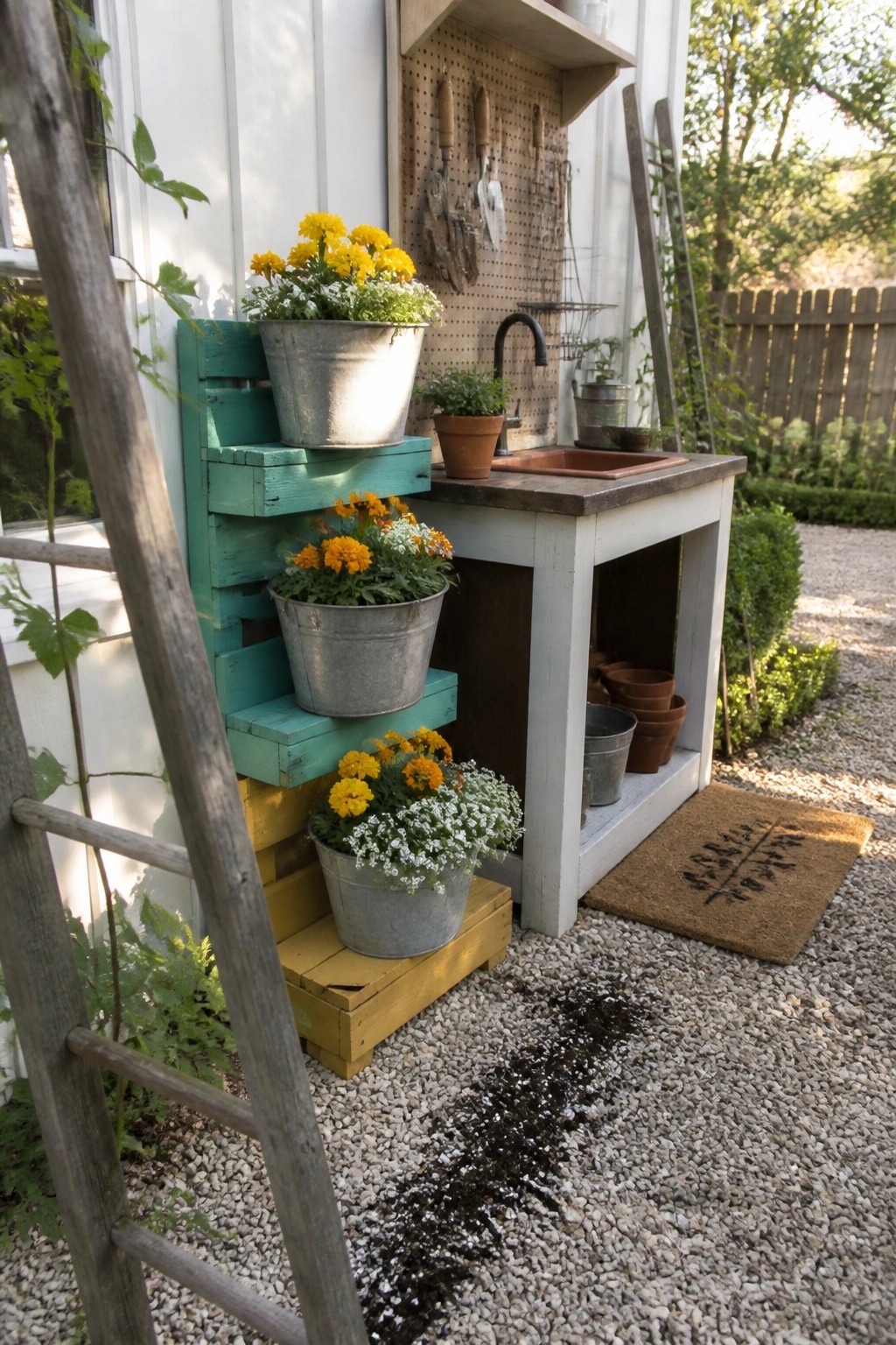 Garden potting station with yellow flowers on turquoise pallet shelves beside sink