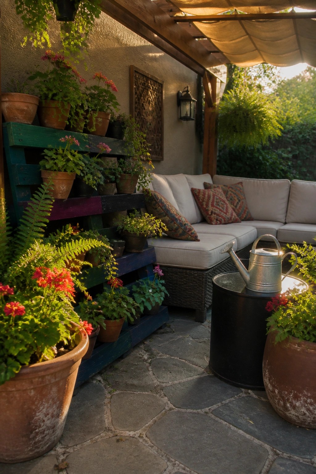 A painted wooden pallet holds multiple potted plants on an outdoor patio beside a cushioned sofa.