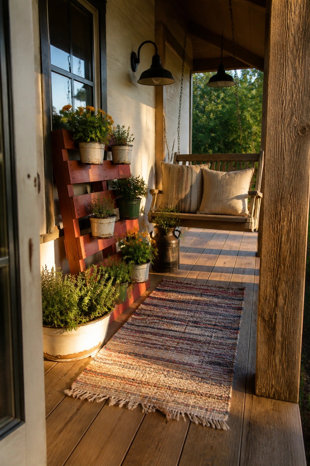 A wooden pallet mounted vertically on a house wall beside a porch holds multiple potted plants next to a wooden porch swing.