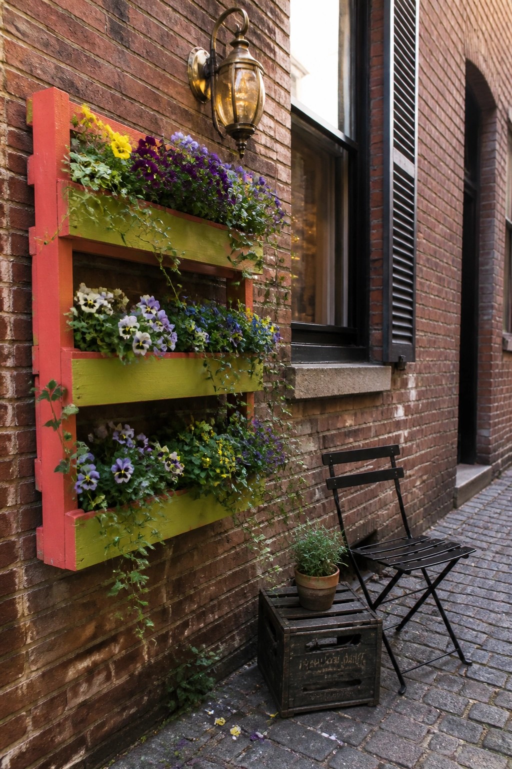 A red and green painted wooden pallet with three tiers of colorful flowers is mounted on a brick exterior wall next to a window.
