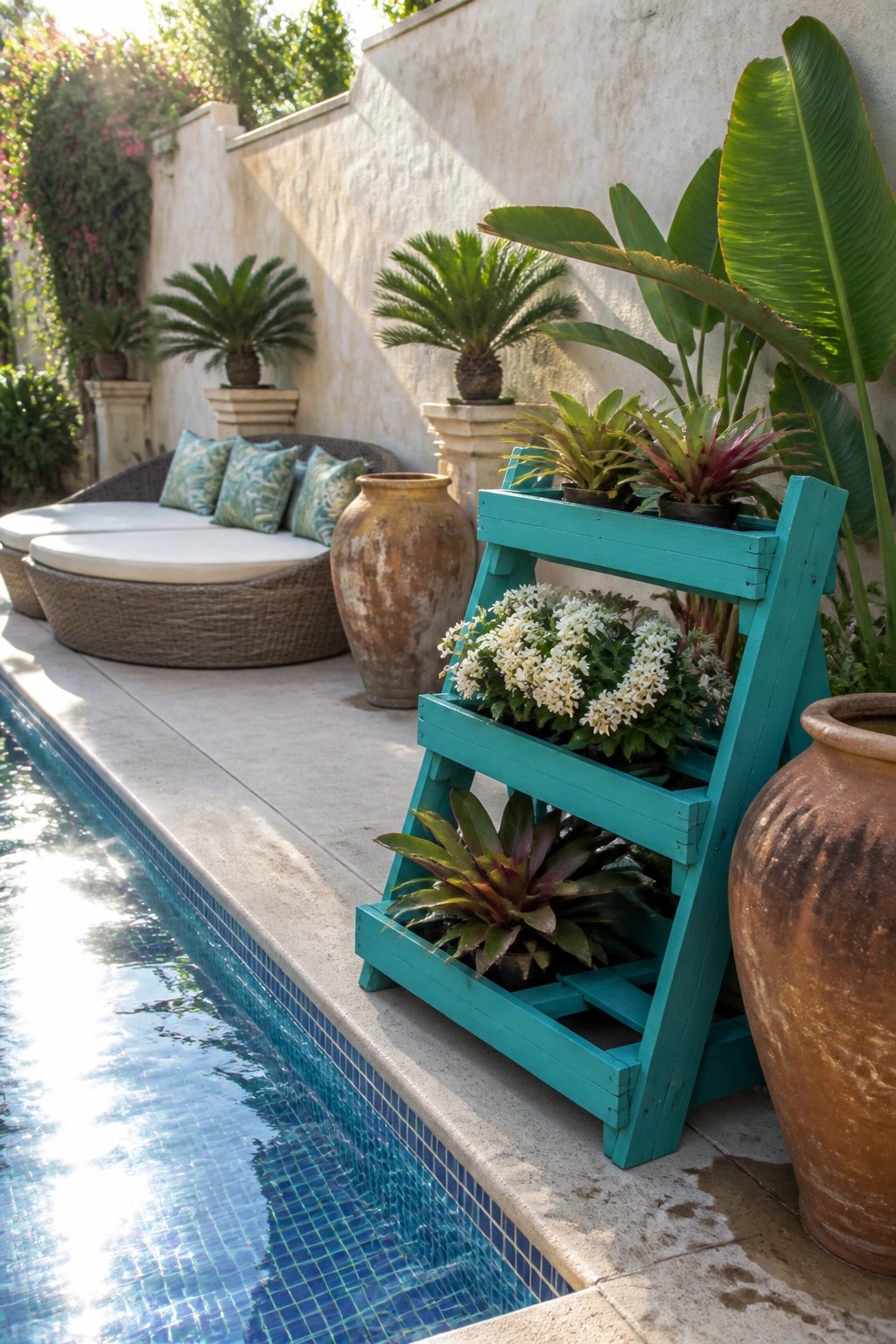 A teal wooden pallet turned into a three-tier plant stand filled with potted flowers and foliage next to a swimming pool.