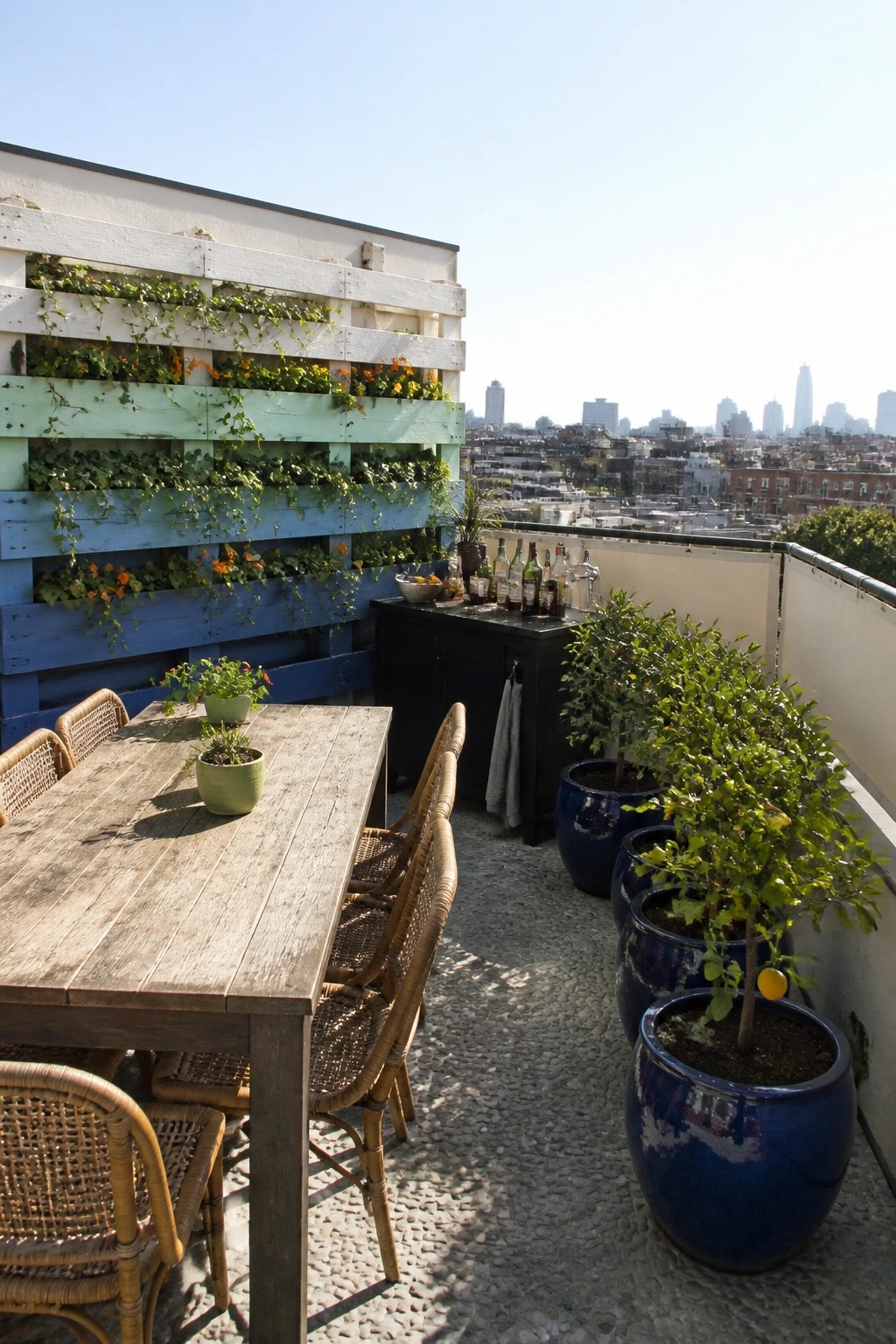 A multicolored wooden pallet mounted on a balcony wall holds multiple rows of potted plants with trailing vines and orange flowers.