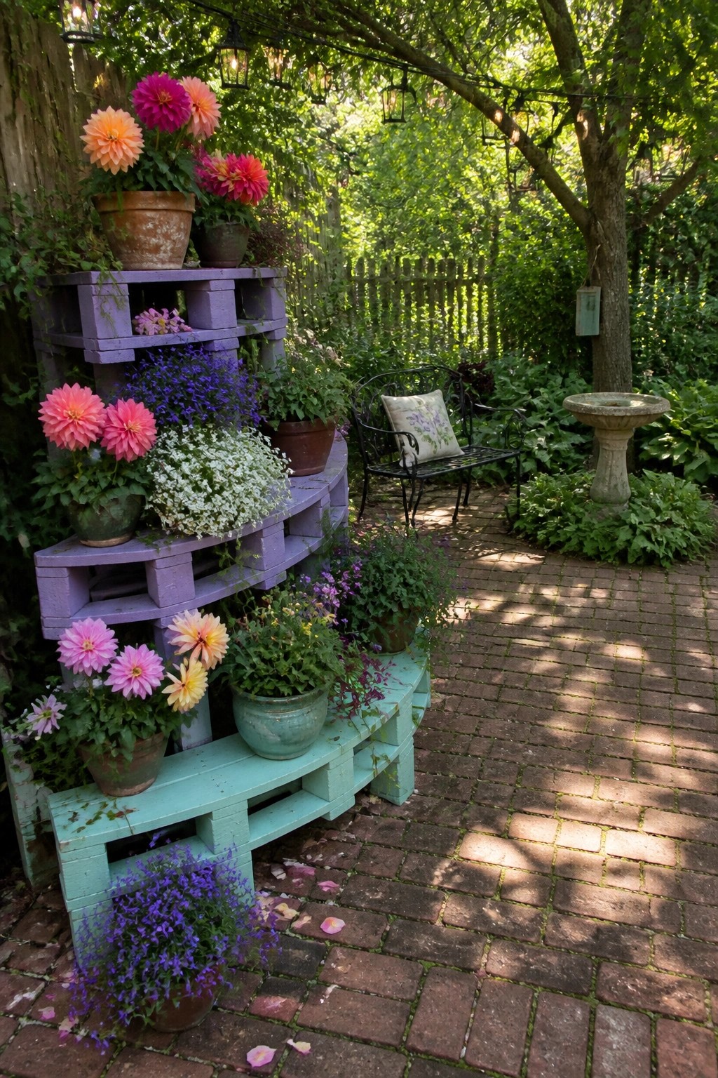 A garden path lined with tiered plant stands built from painted wooden pallets holding colorful potted flowers in purple, teal, and natural wood tones.