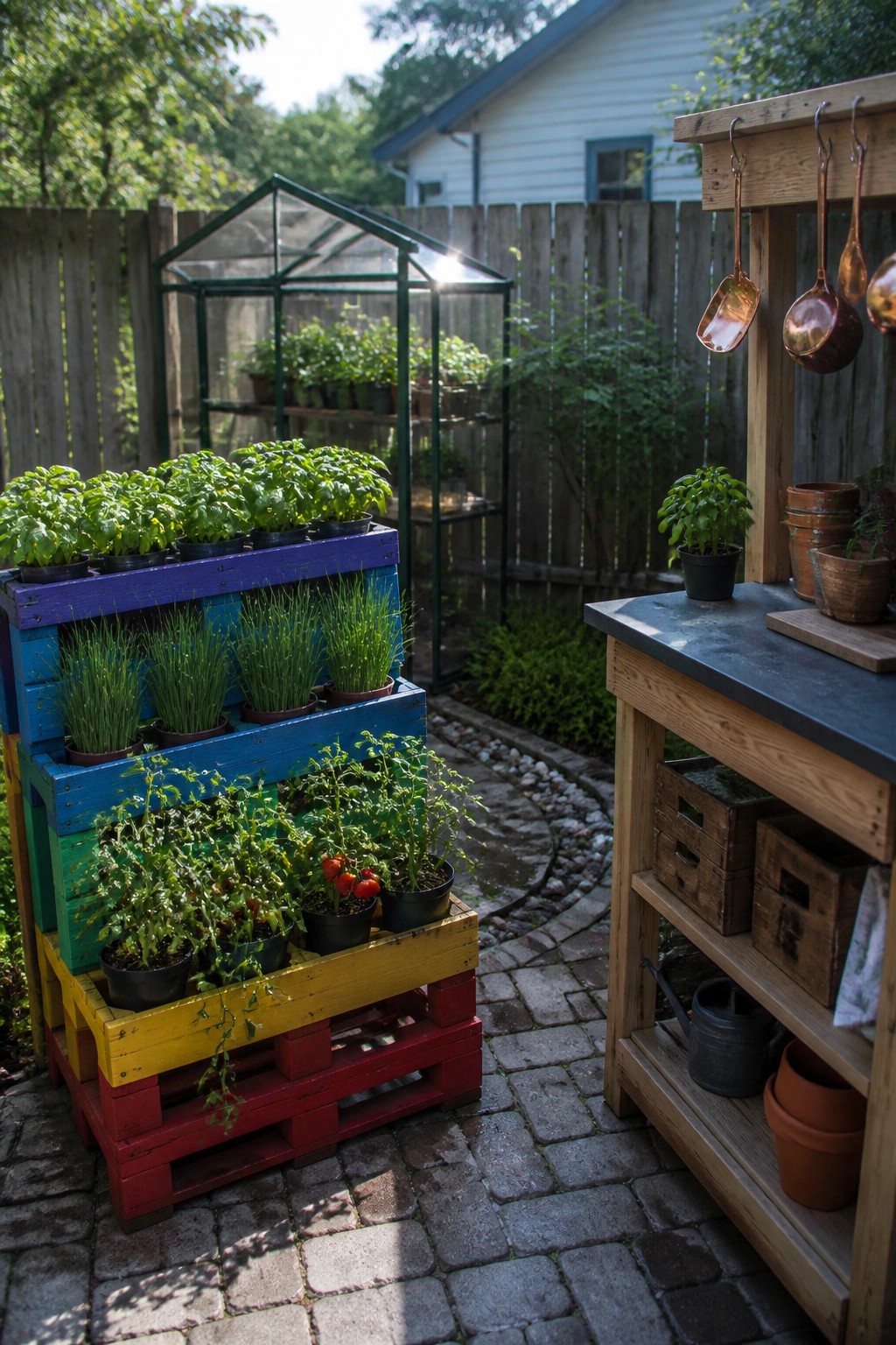 A multi-tiered plant stand built from painted wooden pallets in red, yellow, green, blue, and purple holds potted herbs, grasses, and tomato plants in a backyard garden next to a greenhouse and wooden workbench.