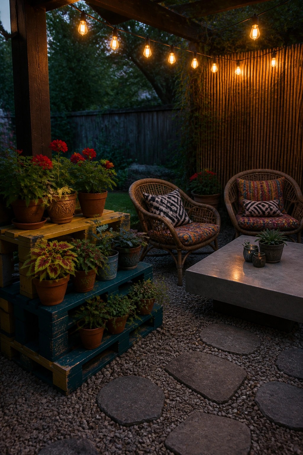 An outdoor patio with two painted wooden pallet plant stands holding multiple potted flowers, wicker chairs, a concrete table, string lights overhead, and gravel with stepping stones.