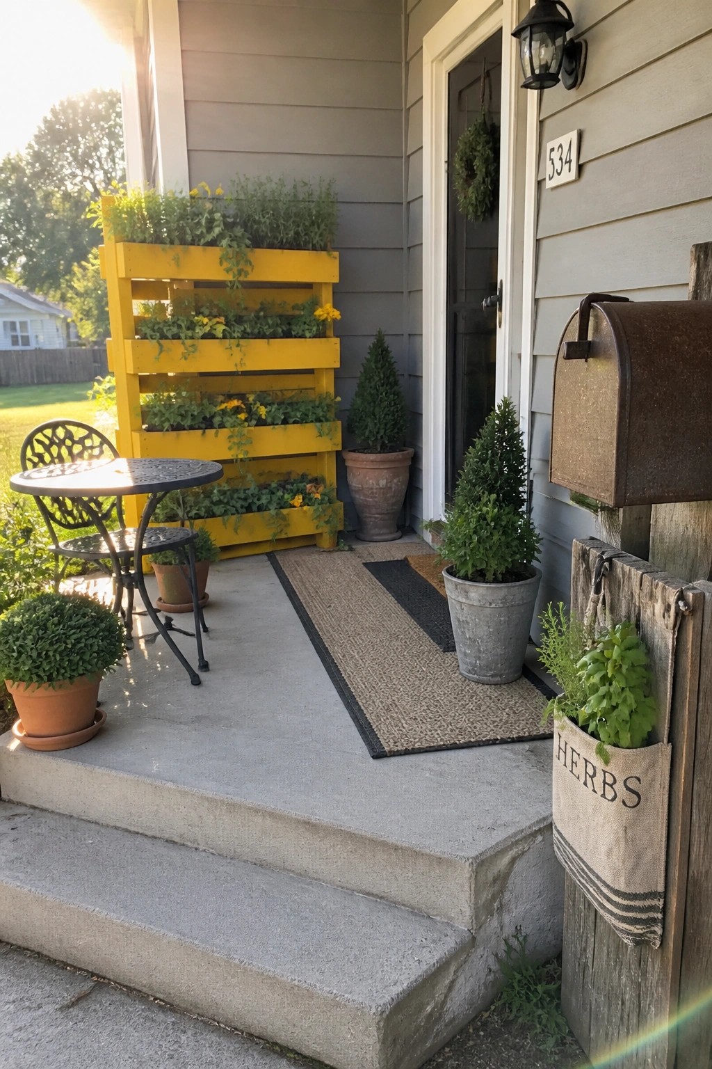 A yellow wooden pallet planter filled with green plants and flowers stands on a concrete porch next to a gray house door.