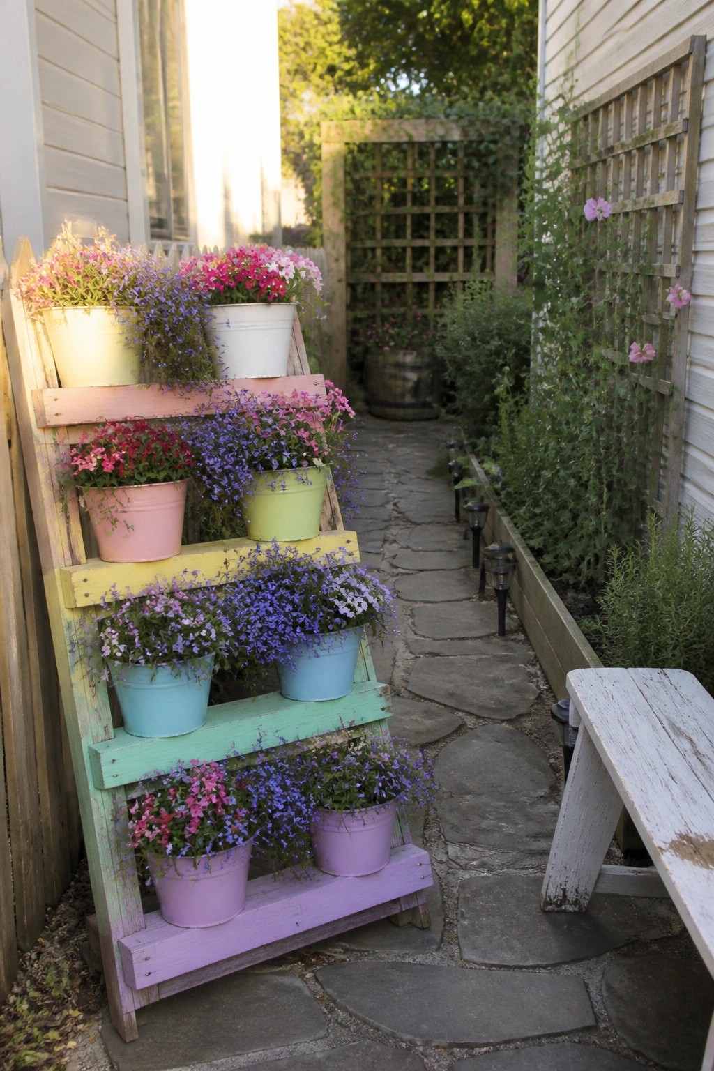A multi-tiered wooden pallet painted in pastel colors holds rows of flower pots with pink, blue, and purple blooms along a stone garden path.