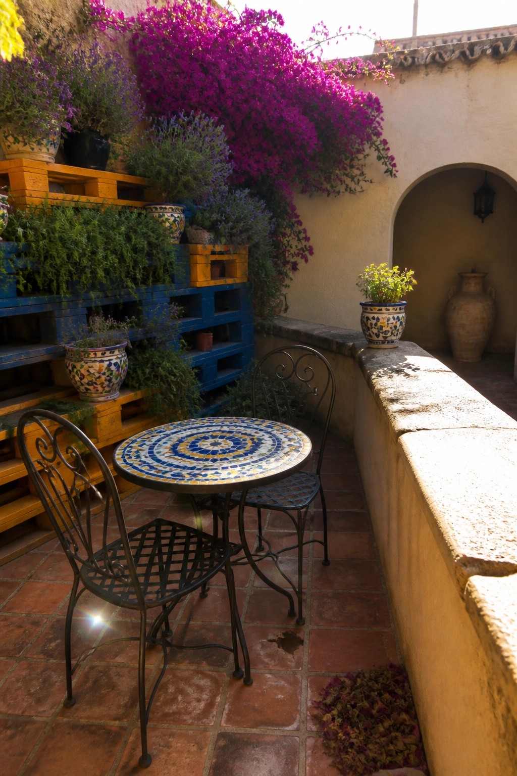 Mosaic table with black chairs on patio amid colorful plants and purple bougainvillea