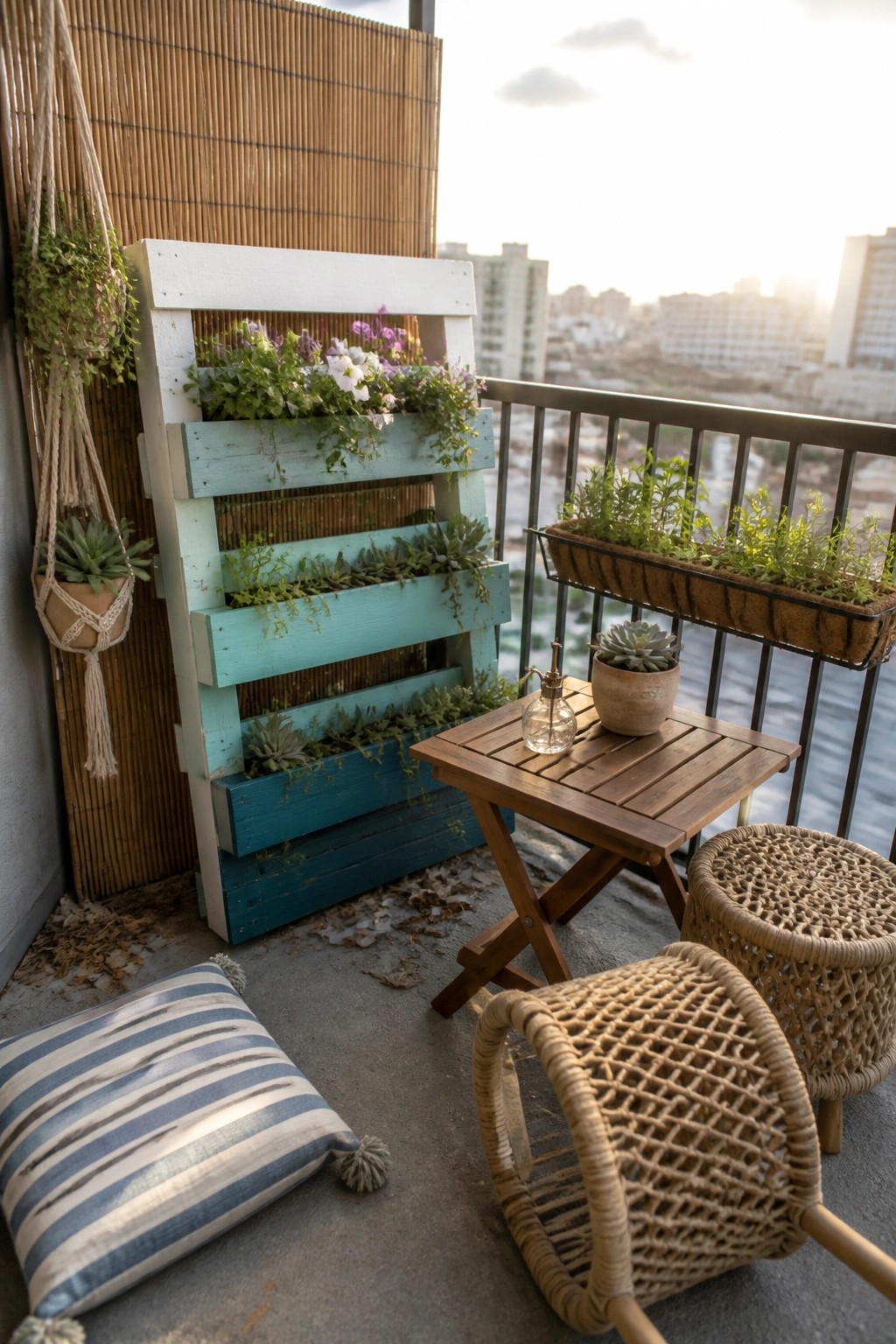 A turquoise and white painted wooden pallet stands upright on a balcony holding multiple rows of flowers and succulents beside a small wooden table and woven seating.