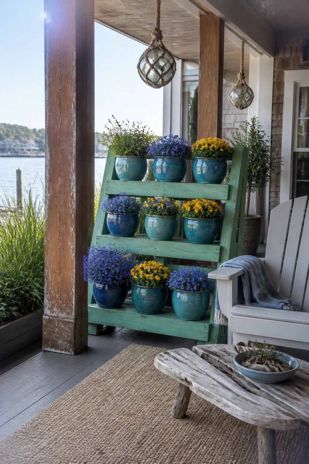 A green painted wooden pallet used as a tiered plant stand holding multiple blue ceramic pots with blue and yellow flowers on a porch next to a white chair.