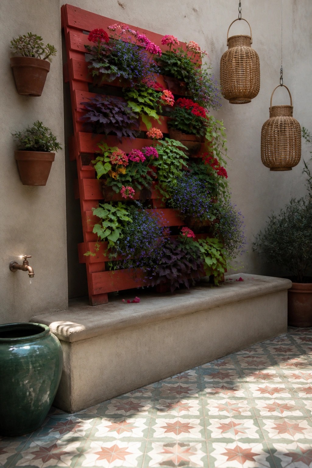 A red painted wooden pallet mounted vertically on an outdoor wall displays multiple rows of colorful flowers in a tiered arrangement.