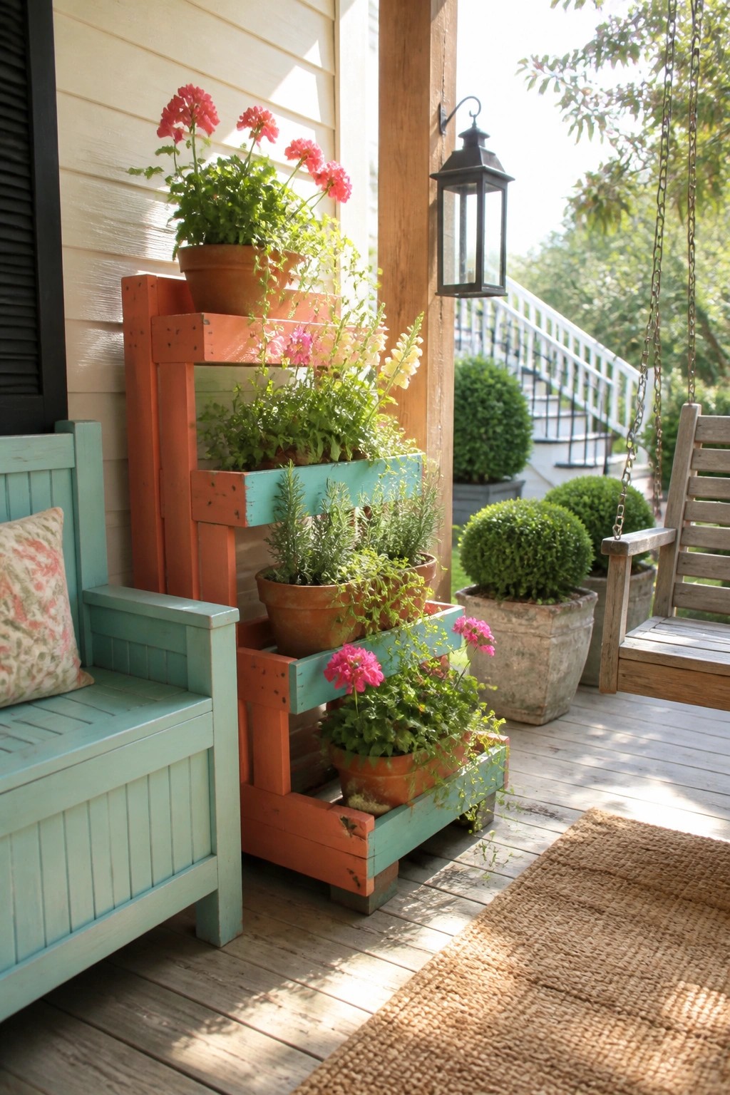 A multi-tiered wooden plant stand painted orange and teal holds several terracotta pots of pink and white flowers on a wooden porch beside a light blue bench.