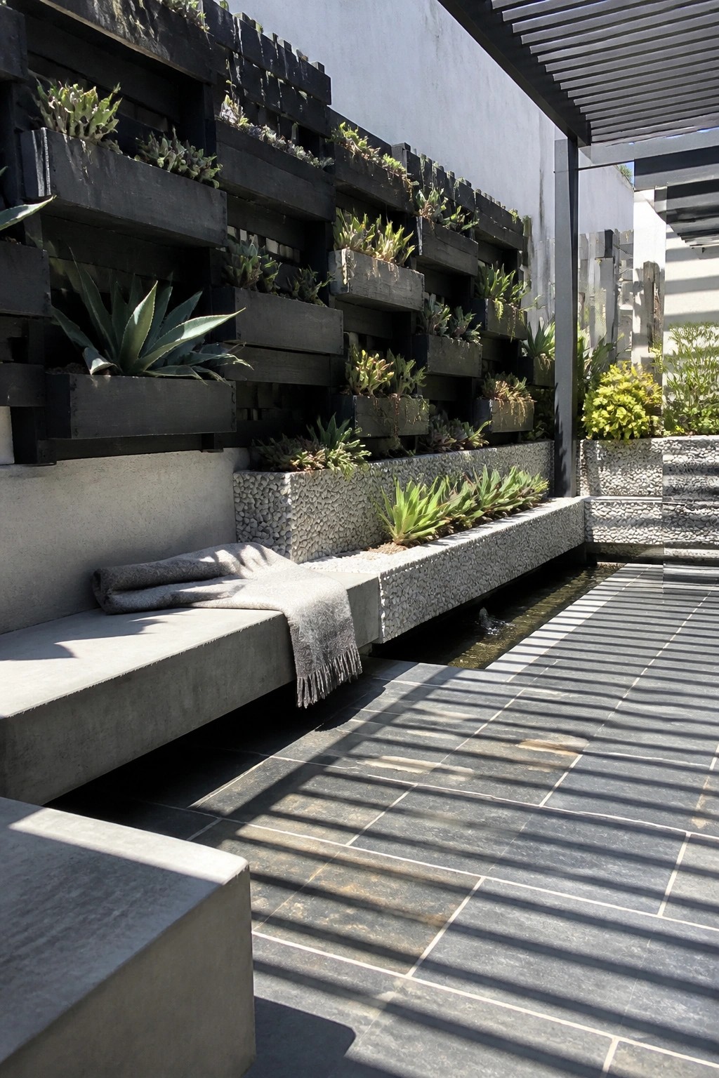 A modern outdoor patio features a vertical wall of dark wooden planter boxes filled with succulents, a concrete bench with a gray blanket, and a narrow water channel next to gray tiled flooring.