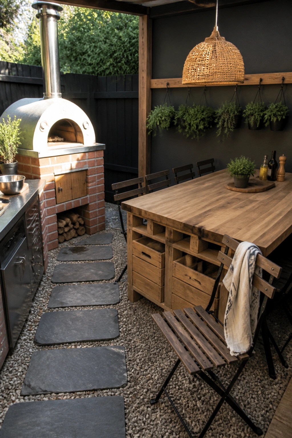 A large wooden pallet dining table with built-in storage drawers and cubbies stands on gravel beside a brick pizza oven in an outdoor space.