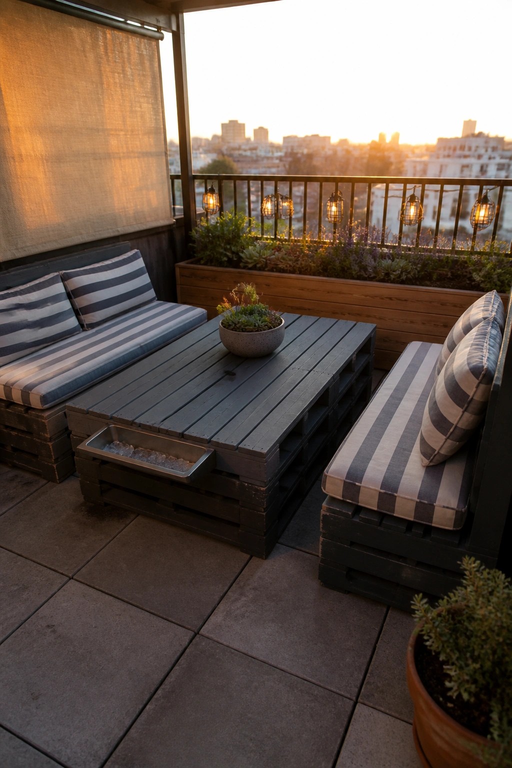 An outdoor balcony with dark pallet wood sofas and a matching dining table that has a metal tray insert, string lights along the railing, and a city skyline in the background.