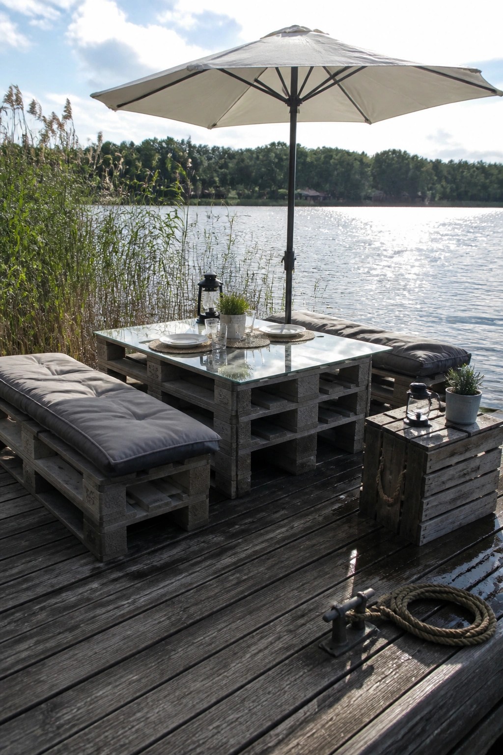 A wooden deck beside a lake features a large pallet dining table with a glass top, cushioned pallet benches, a white umbrella, and a few small lanterns and plants.