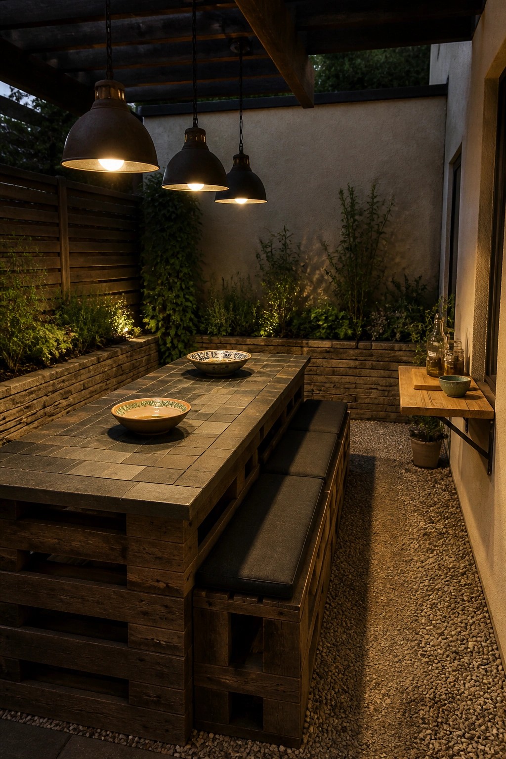 A long wooden pallet dining table with cushioned benches and two ceramic bowls sits under three hanging pendant lights on a gravel patio beside a stone wall.