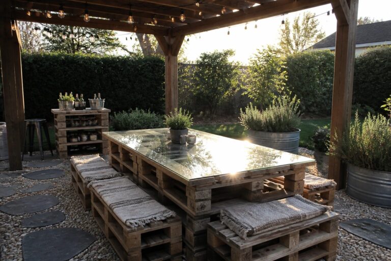 18 Functional Pallet Dining Table Ideas for Outdoor Entertaining A long wooden pallet dining table topped with glass sits on a gravel patio under a pergola, with matching pallet benches covered in woven cushions.