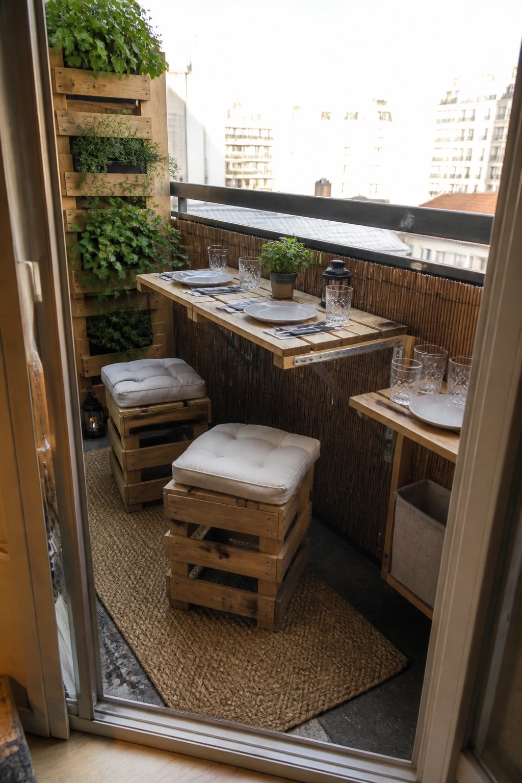 A compact balcony features a wooden fold-down pallet table mounted to the railing, two cushioned pallet stools on a woven rug, and simple table settings with plates and glasses.