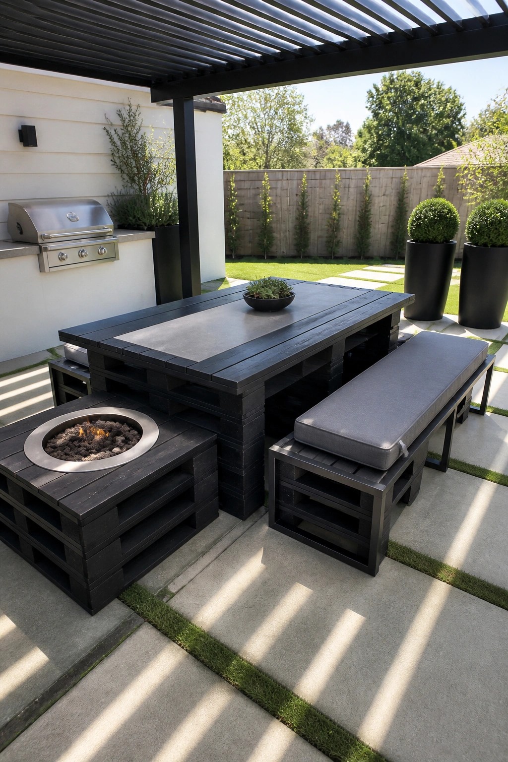 A black pallet-style outdoor dining table with an attached fire pit on one end and a long cushioned bench on the side, set on a concrete patio under a pergola.