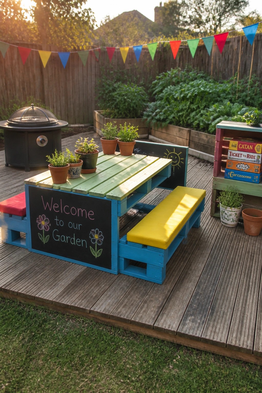 A blue painted pallet picnic table with attached benches sits on a wooden deck, with yellow cushions, chalkboard sides, and potted plants on top.