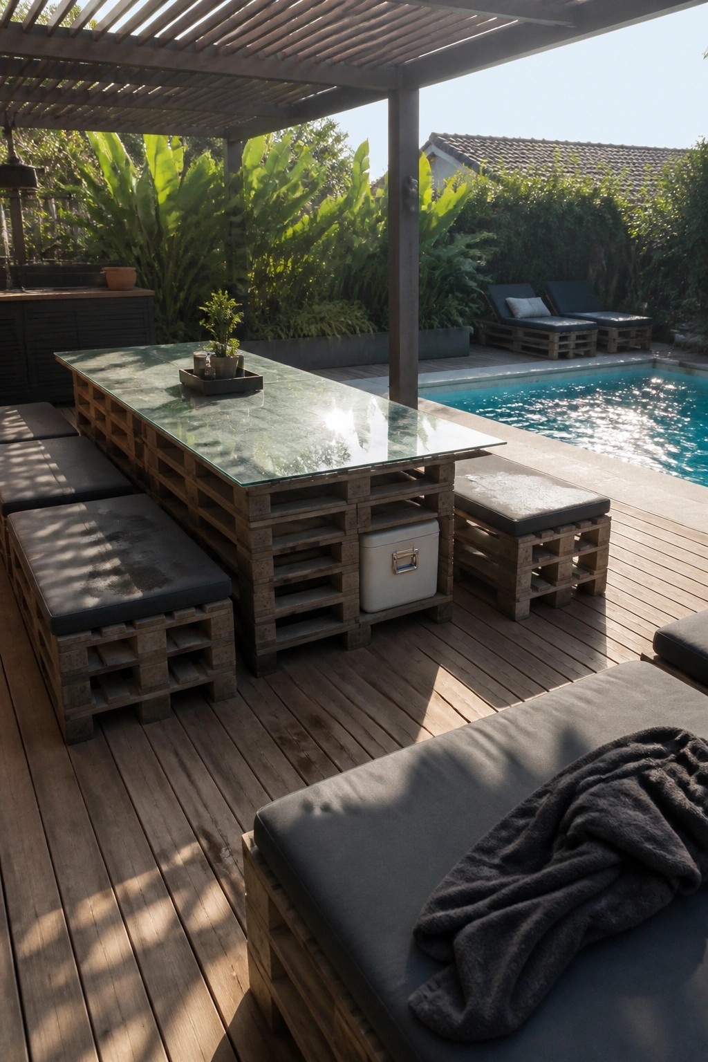 A large rectangular dining table made from wooden pallets with a glass top sits on a deck beside a swimming pool, surrounded by pallet benches with gray cushions under a wooden pergola.