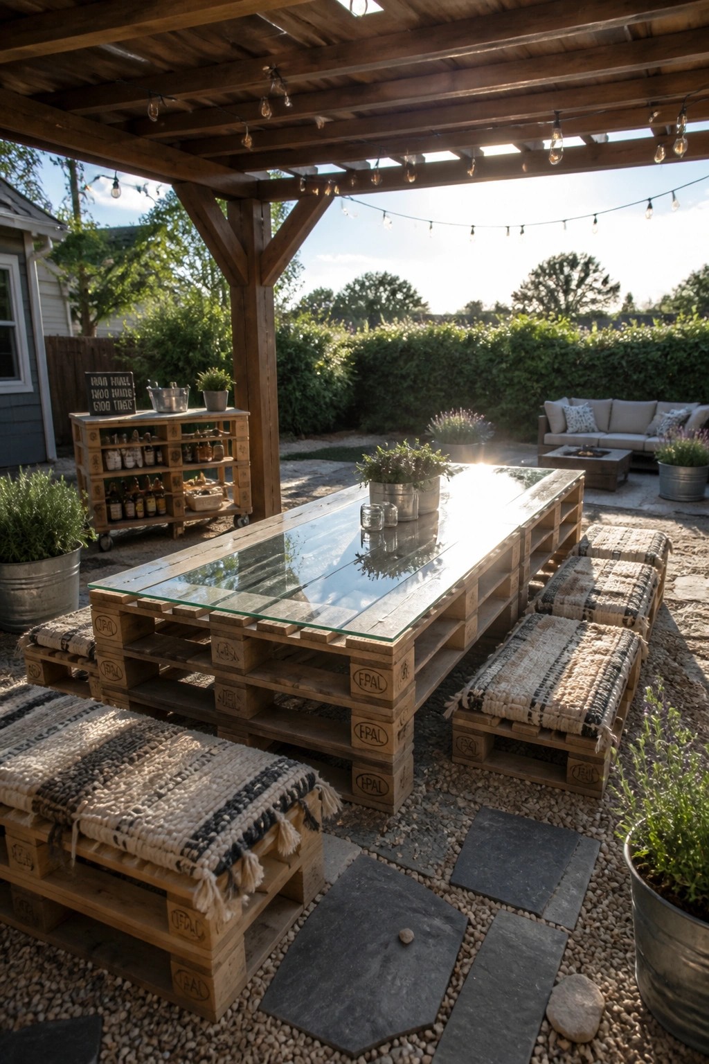 A long wooden pallet dining table topped with glass sits on a gravel patio under a pergola, with matching pallet benches covered in woven cushions.