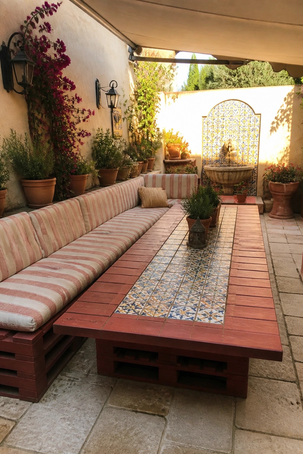 Red pallet bench with striped cushions and tiled table in sunny courtyard with fountain