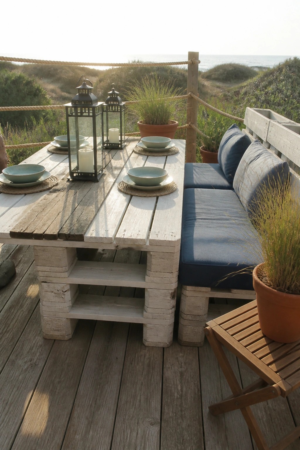 A whitewashed wooden pallet dining table with a blue cushioned bench on one side, set on a deck with lanterns and bowls.
