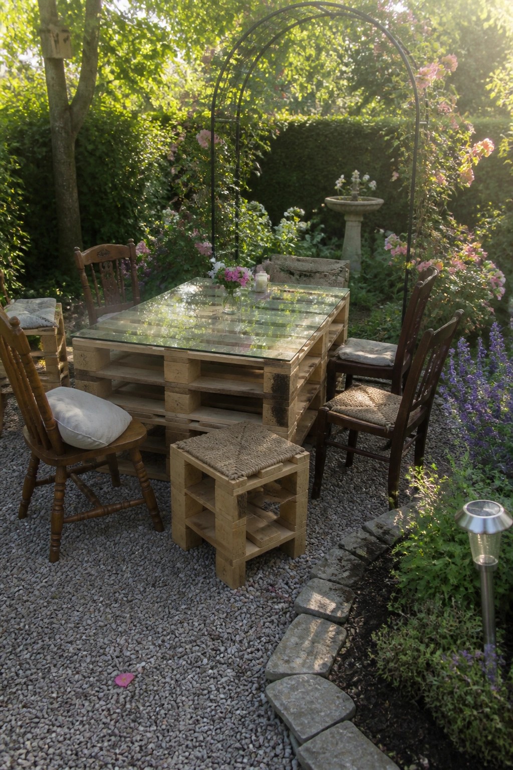 Rustic pallet table with glass top and wooden chairs in blooming garden.
