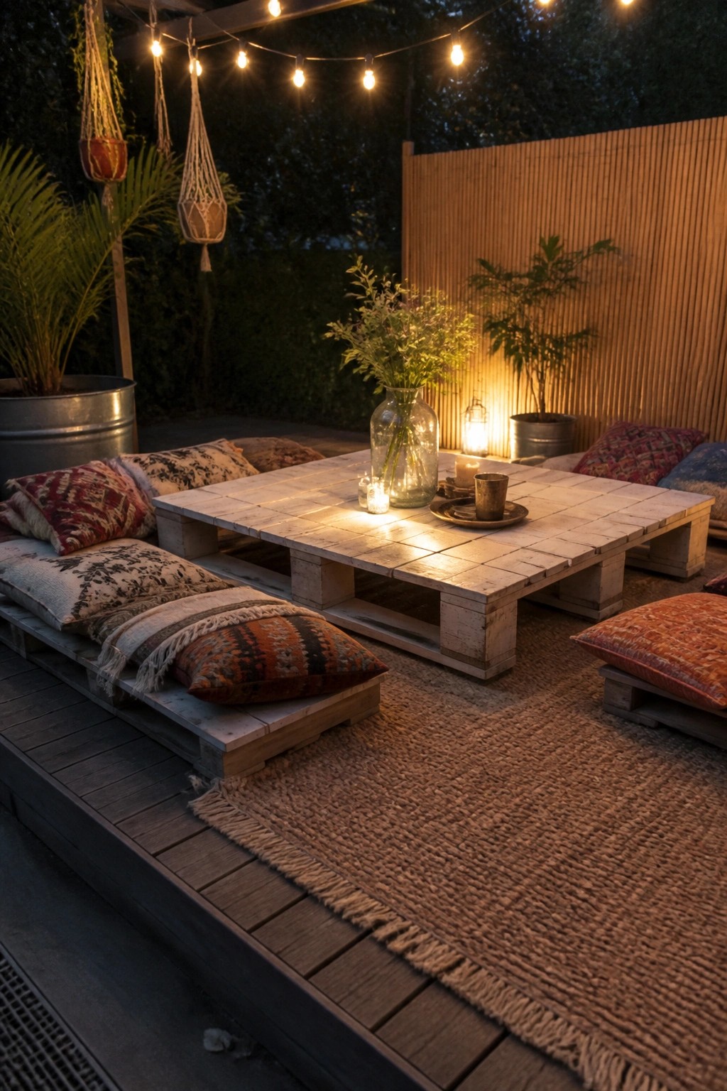 A large pallet table with a light tiled top sits on a wooden deck, surrounded by pallet benches with cushions and string lights overhead.