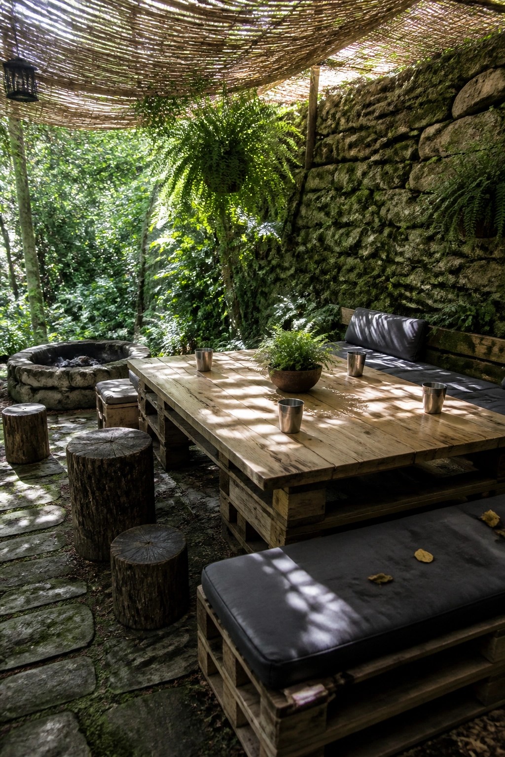A large wooden pallet dining table with metal cups and a potted plant sits outdoors next to cushioned benches, tree stump stools, a stone fire pit, and a mossy wall under a woven shade cover.