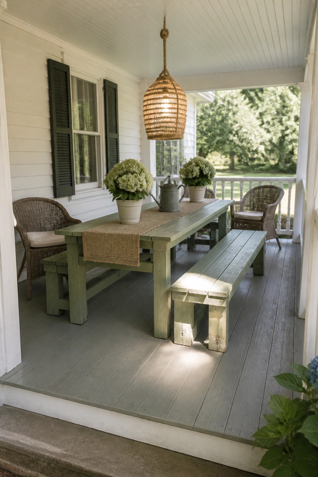 Green picnic table with benches, hydrangeas, and wicker chairs on a shaded porch.