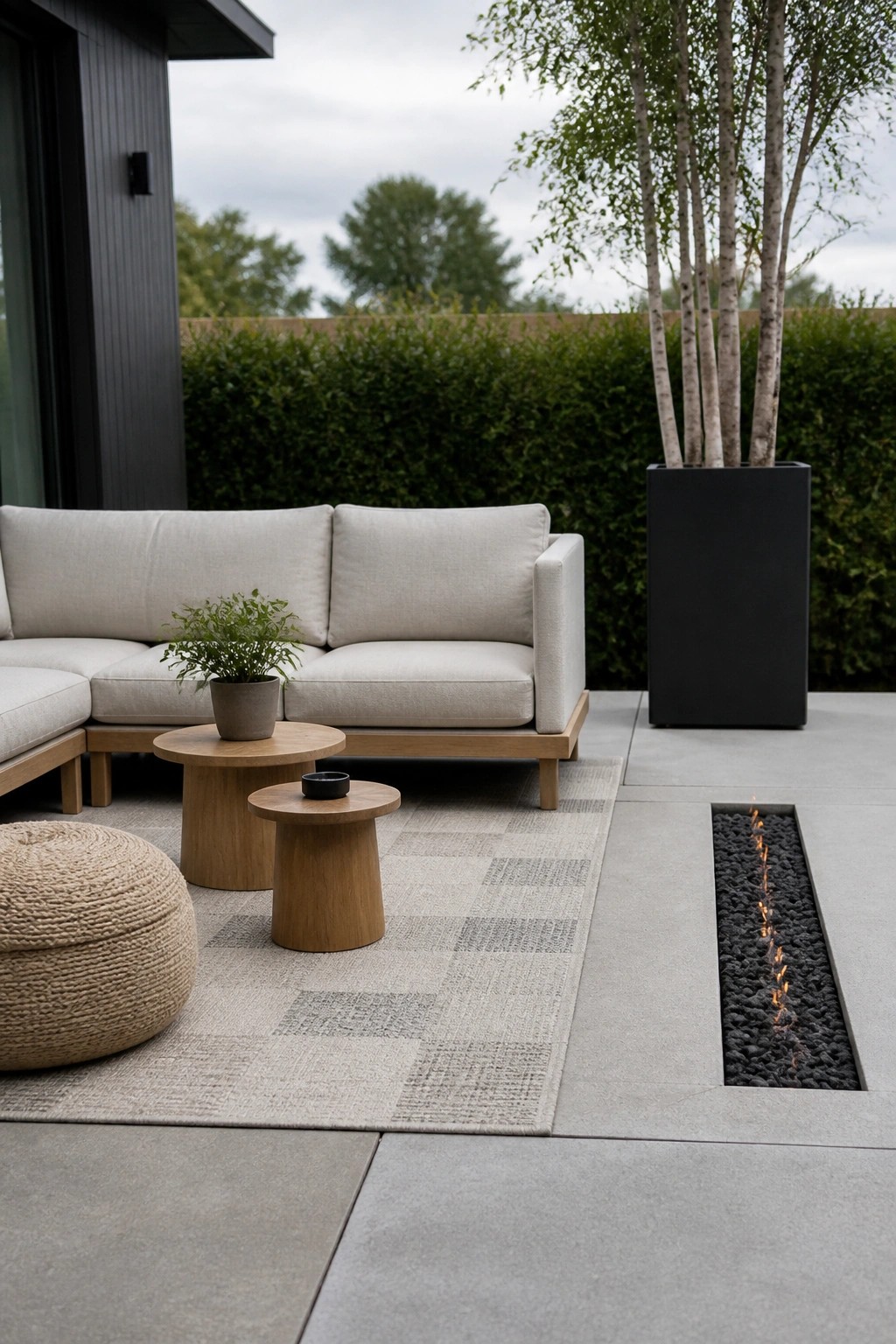 A modern patio with large light gray concrete slabs, an outdoor sectional sofa on a rug, round wooden tables, a woven ottoman, and a linear fire pit set into the paving beside a tall black planter.