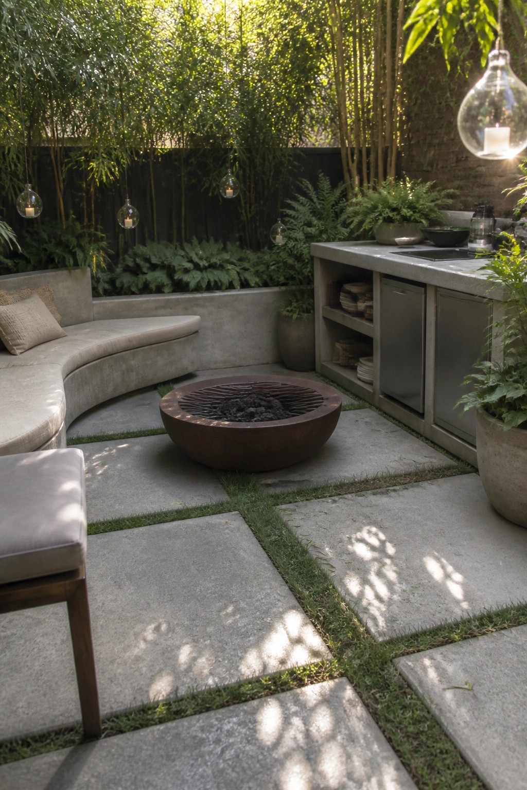 An outdoor patio made of large gray concrete slabs with grass strips between them, including a curved concrete bench, round fire pit, and outdoor kitchen counter.