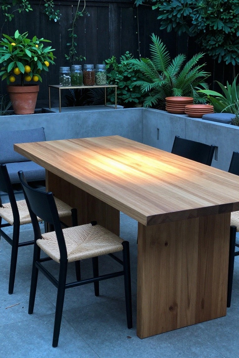A long wooden dining table with black chairs on a concrete patio, surrounded by potted plants and a dark fence.