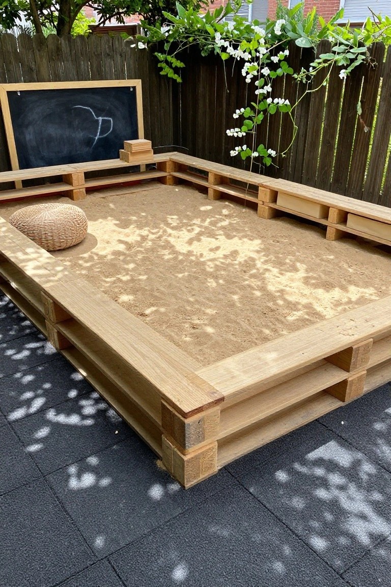 Wooden pallet sandbox filled with sand beside chalkboard, woven basket, and flowering vines