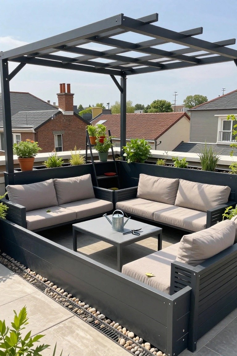 A rooftop terrace with dark gray built-in benches, beige cushions, a central coffee table, and integrated raised planter boxes along the perimeter under a black pergola.