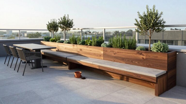 Rooftop patio with long dining table, woven chairs, wooden planters, and clay pot.