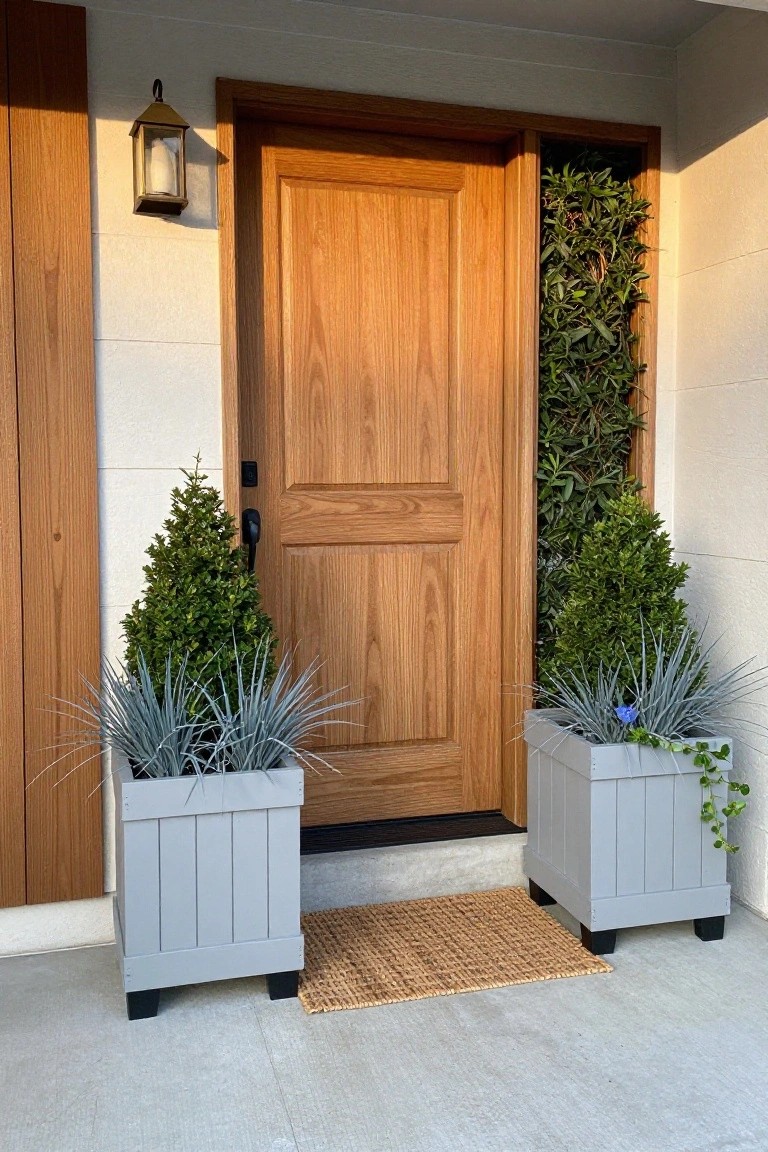 Wooden door with gray planters holding shrubs, vertical greenery, and woven doormat.