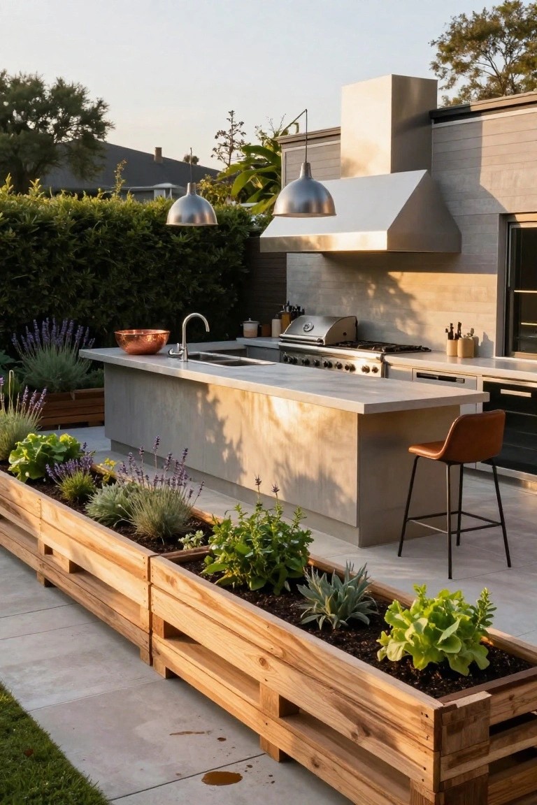 Modern outdoor kitchen with concrete island, grill, pendant lights, and wooden planters