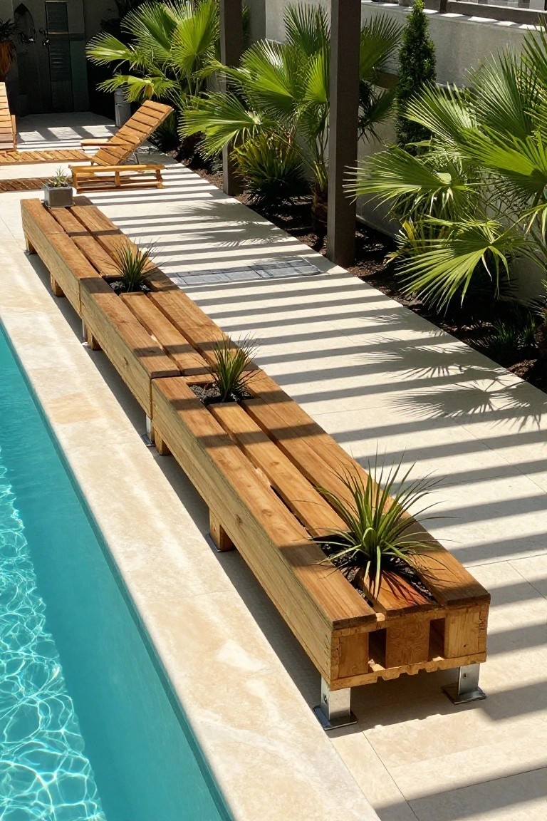Long wooden bench with plants along turquoise pool edge on sunny patio