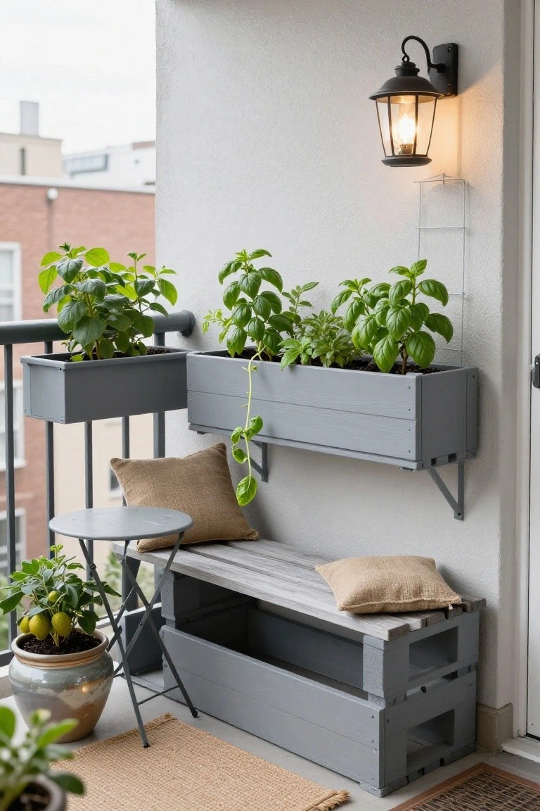 A small balcony with a gray pallet bench, wall-mounted gray pallet planters filled with leafy plants, a wall lantern, and a small round table with cushions.
